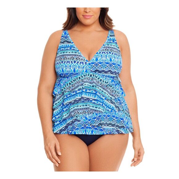 SWIM SOLUTIONS Women's Blue V-Neck Triple-Tiered Front One Piece Swimsuit 24W - Picture 1 of 2